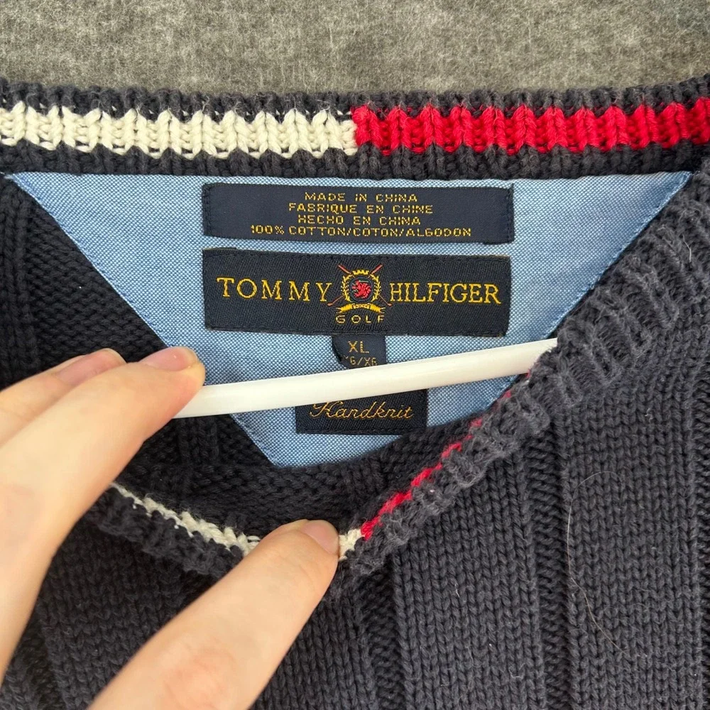 VTG Tommy Hilfiger Golf Mens XL American Flag Handknit Cotton Rib Sweater USGA
